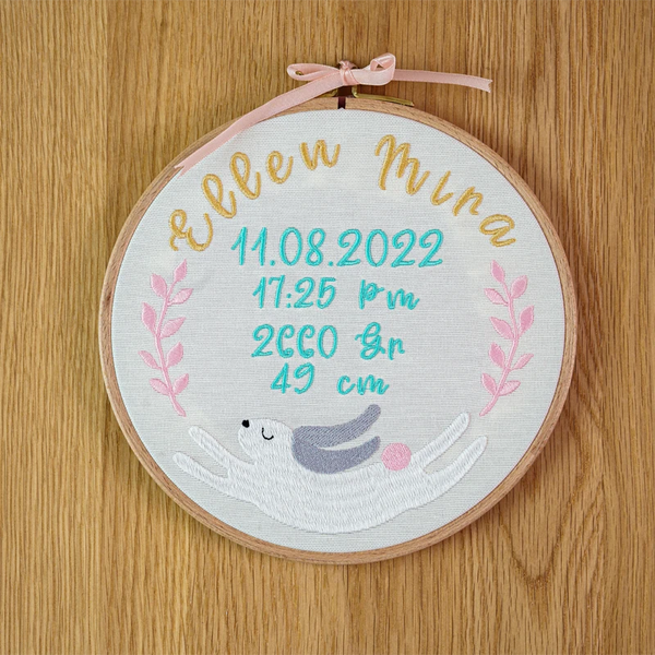 Pera Atelier - Customized baby girl name hoop with cute whimsical bunny embroidery. Nursery decor gift