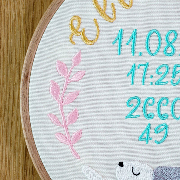 Pera Atelier - Customized baby girl name hoop with cute whimsical bunny embroidery. Nursery decor gift